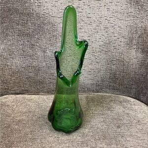Vintage MCM Green Art Glass Five Finger Swung Vase Appx. 10” Taiwan.